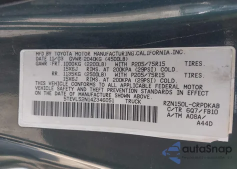 2004 Toyota Tacoma из США, поврежденный, VIN 5TEVL52N14Z346051